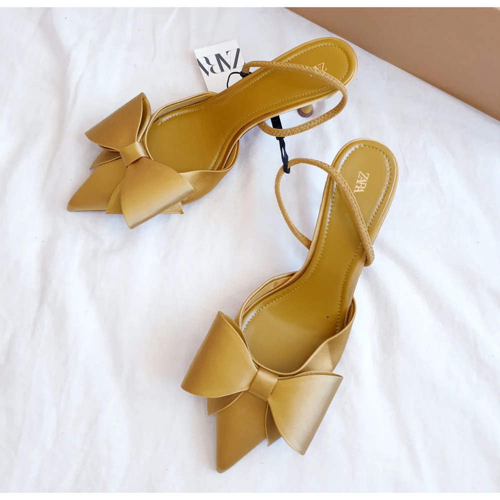 Zara Satin Slingback Heels Bow Pointed Toe Stiletto Wedding Party Sz 6.5 NWT - Picture 12 of 16